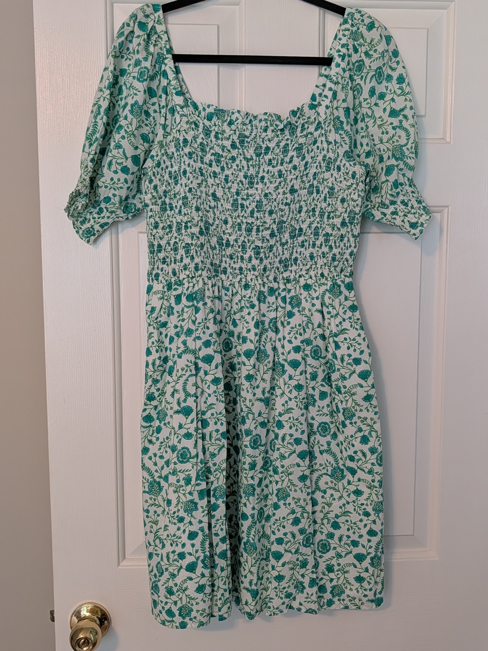 Drapper James Smocked Floral Square-Neck Dress in Mint Green
